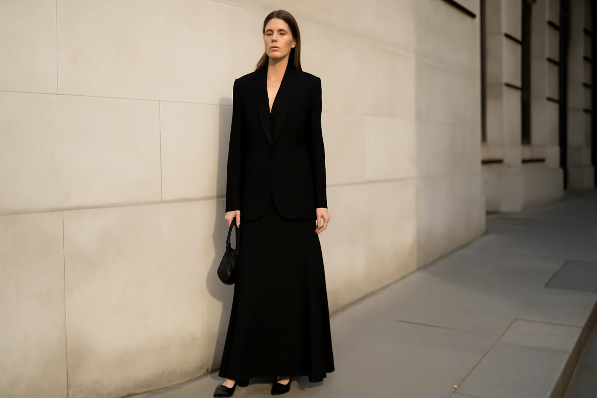 Blazer over con gonna lunga: il binomio che allunga la figura