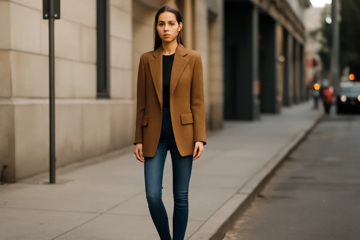 Blazer over su jeans slim: la proporzione che equilibra il look